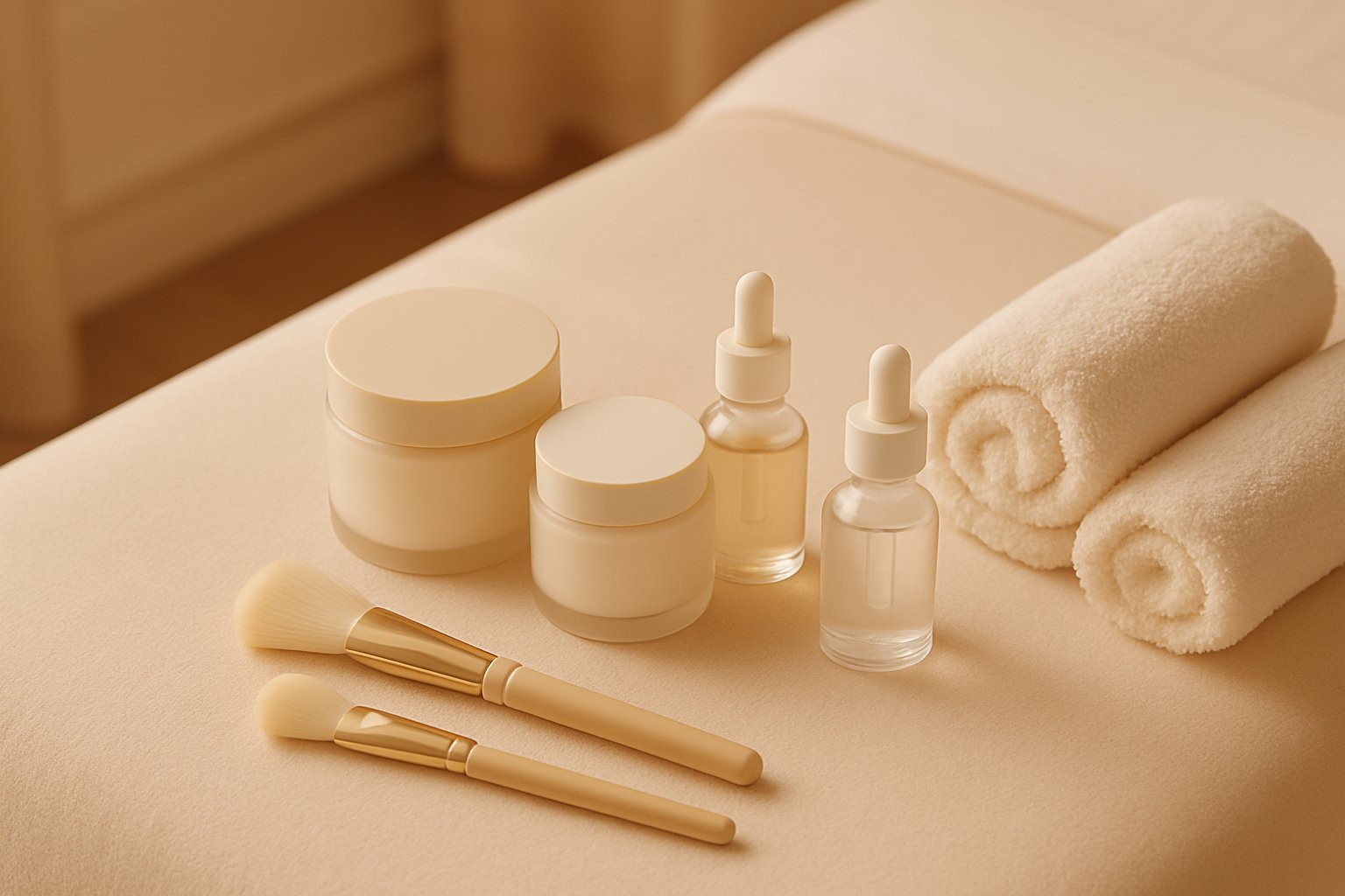 Skincare products and folded towels prepared for a facial