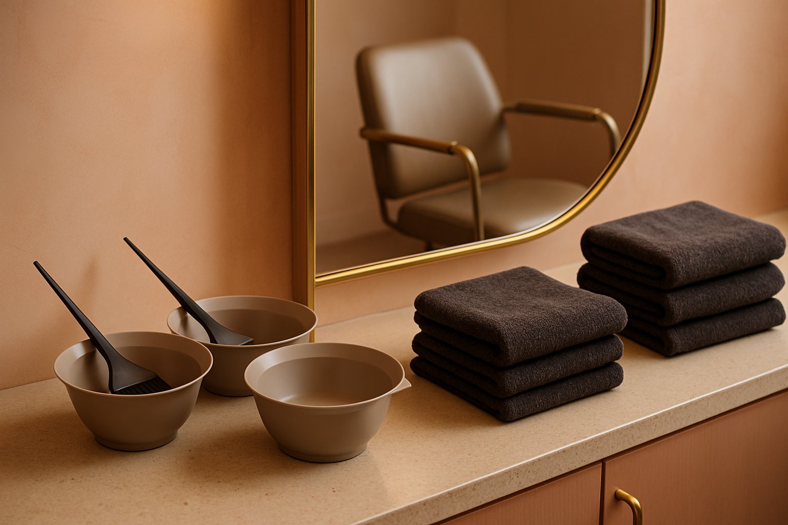 Elegant salon color station with styling tools and color bowls