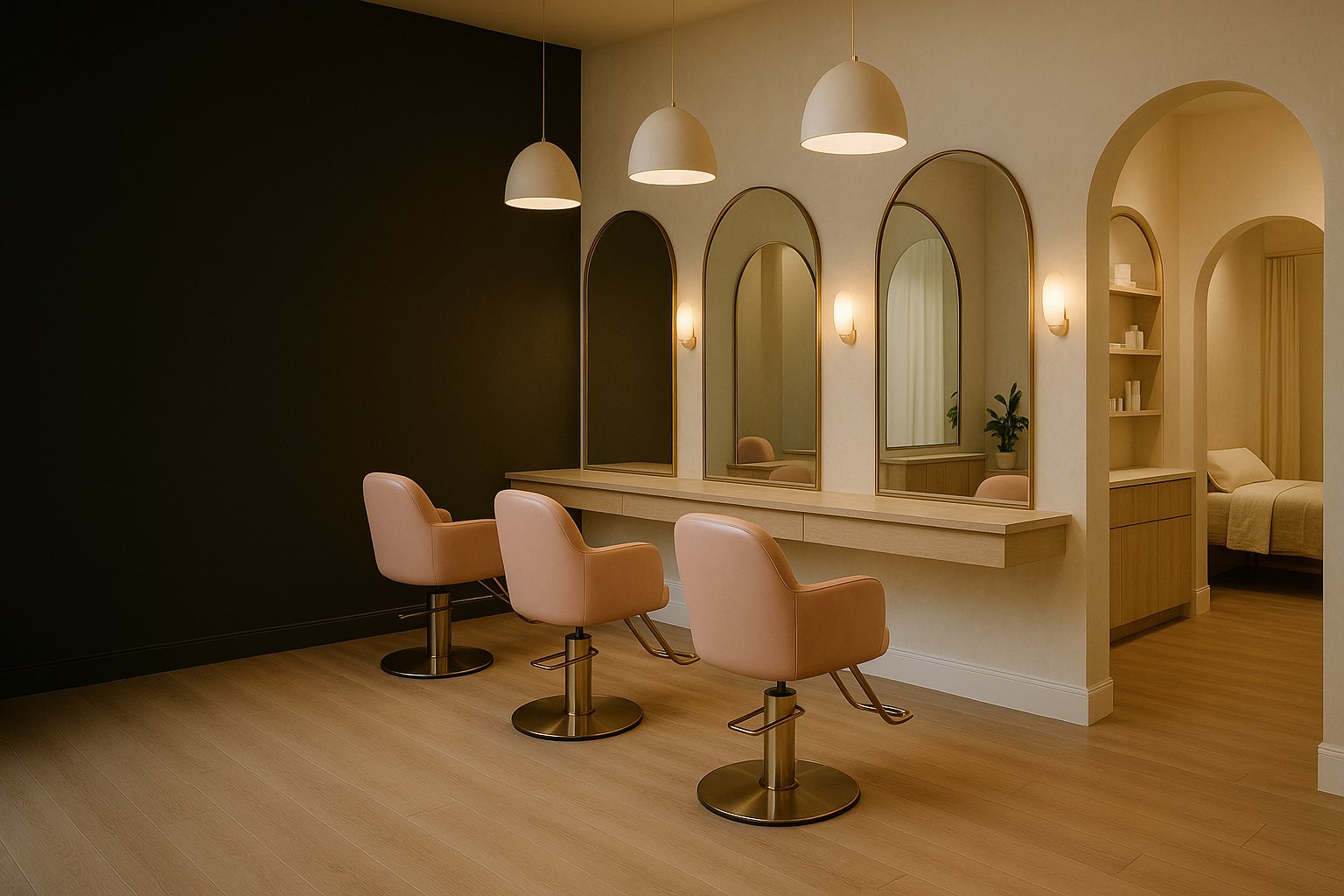 Warm elegant beauty salon and spa interior in California
