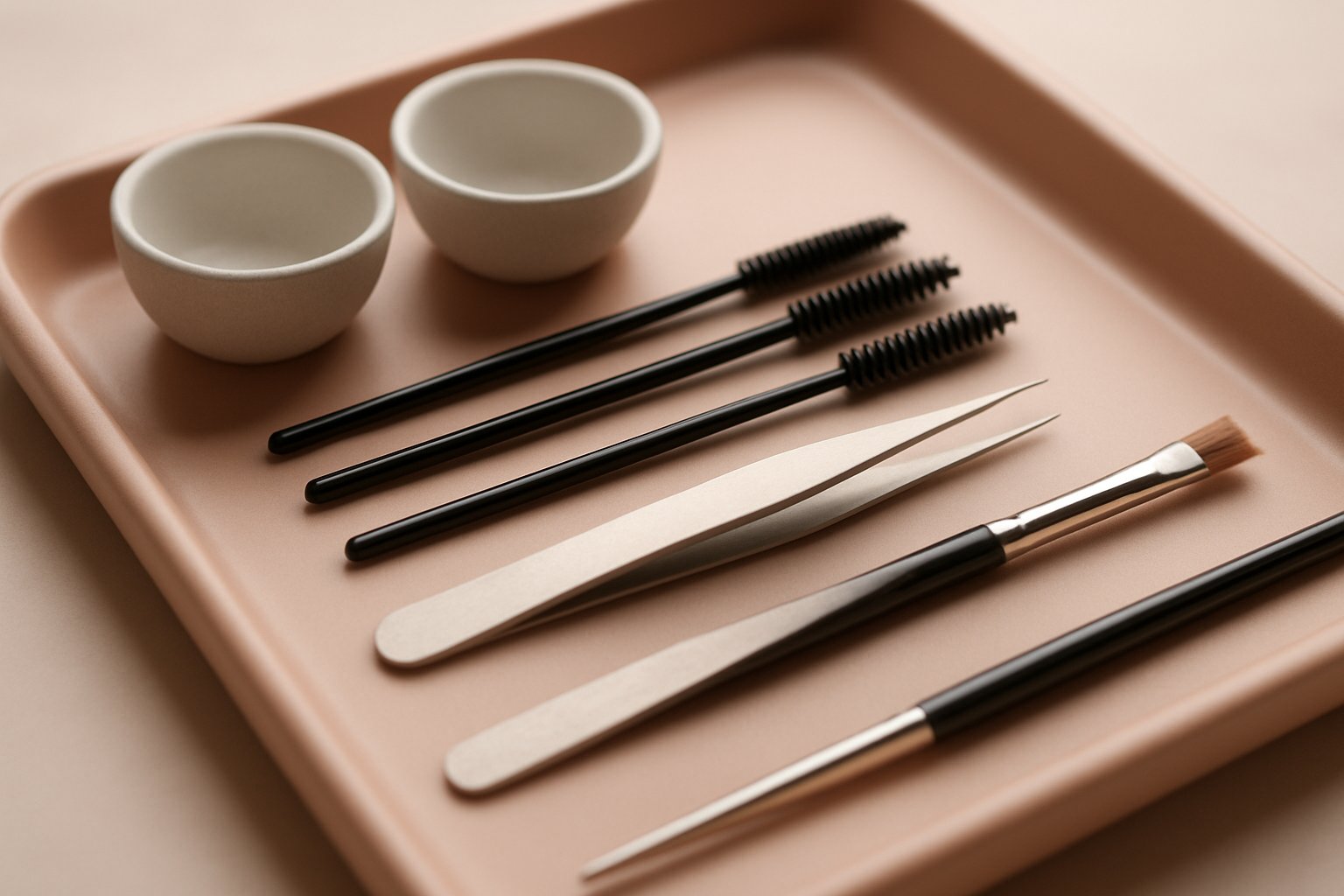 Lash and brow tools arranged on a clean blush tray