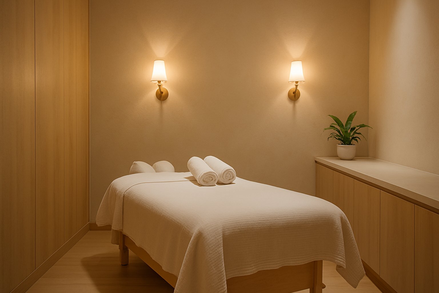 Warm peaceful massage room with a prepared treatment table