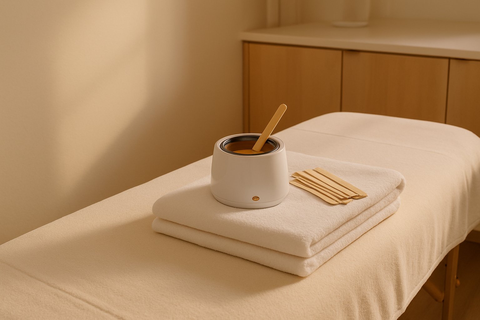 Clean professional waxing station with warm wax and linens